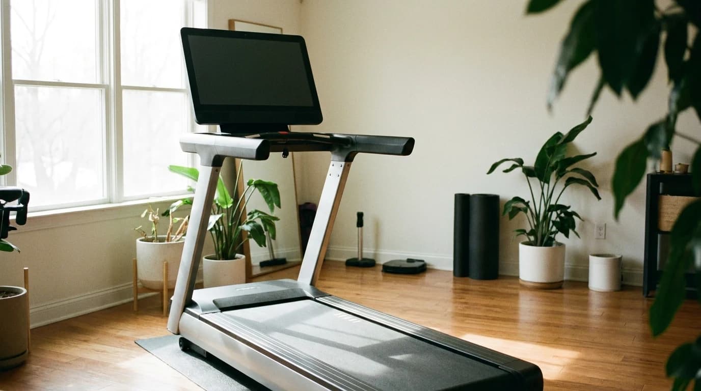 A connected treadmill in a home gym with a dark, blank console screen while the running belt sits ready to use.