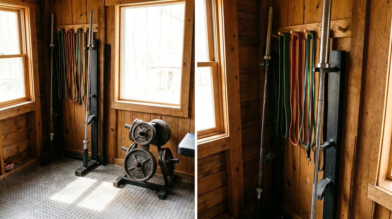 A small home gym corner with an empty barbell standing in a wall-mounted vertical holder, bands hanging from wall pegs, and a low plate tree against the wall.