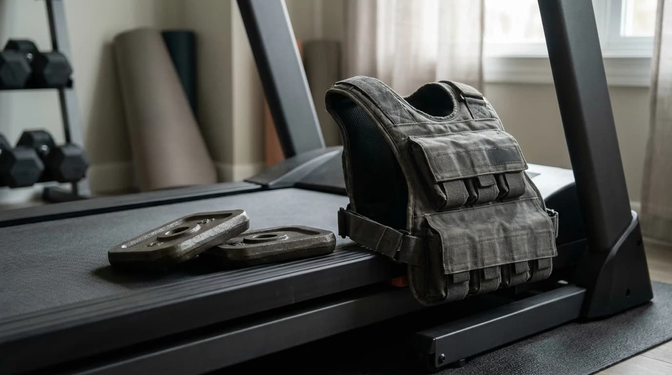 A grey weighted vest sitting on a treadmill deck rail with two small load plates beside it.