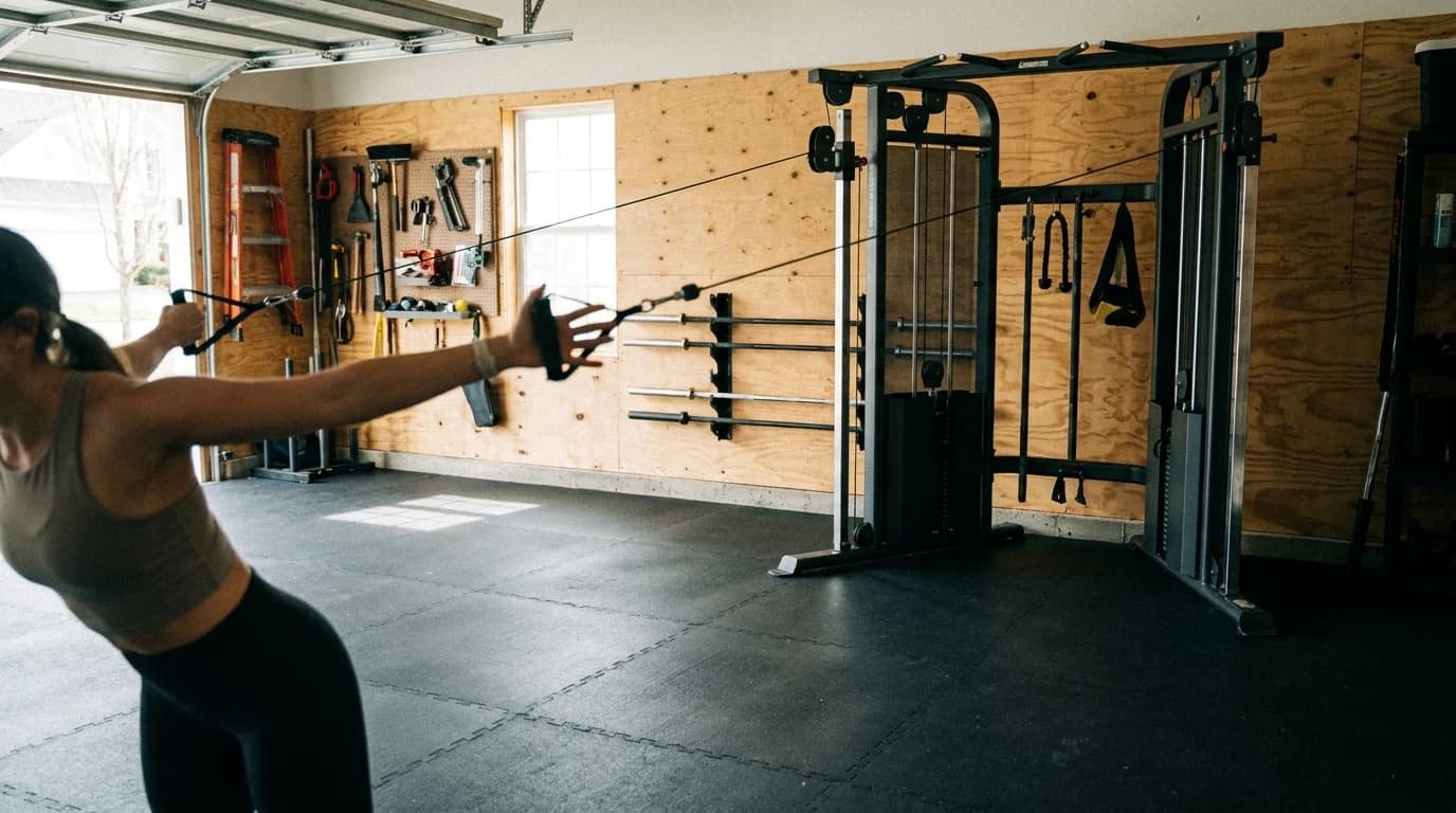 A dual-pulley functional trainer against a garage wall with a person standing well outside the frame, arms wide at the end of a cable fly.