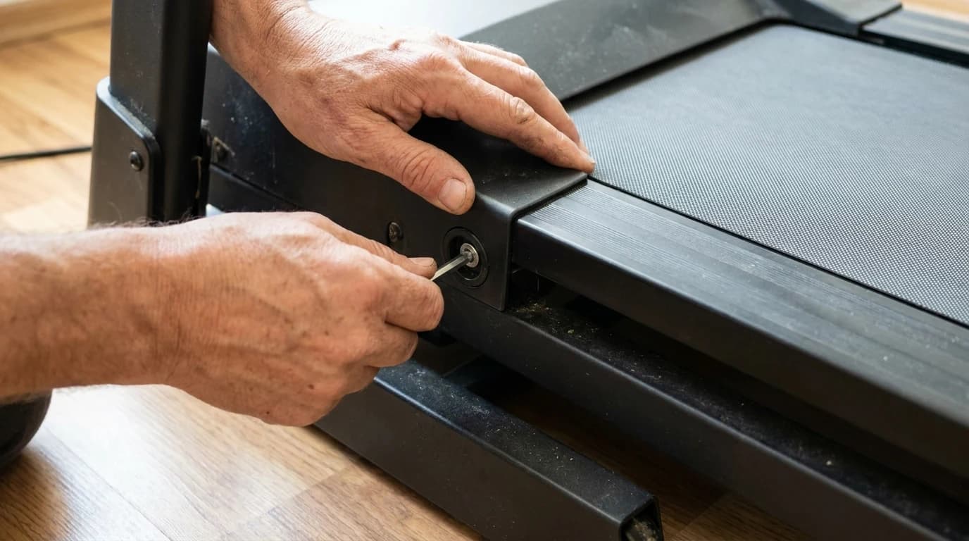 Two hands using a hex key to turn the rear tensioning bolt on a home treadmill frame, with the running belt alongside.