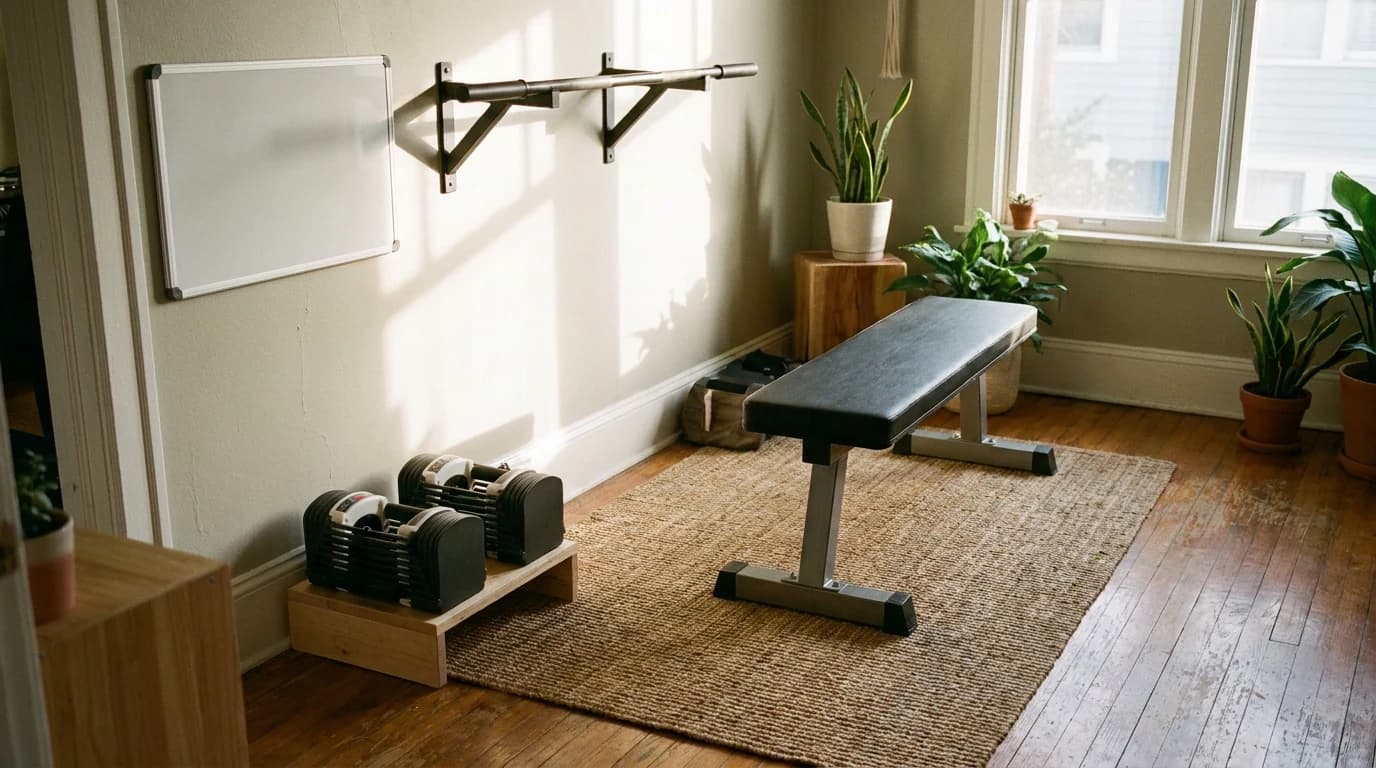 A flat bench, a pair of adjustable dumbbells on a low stand and a wall-mounted pull-up bar in a tidy home gym corner.