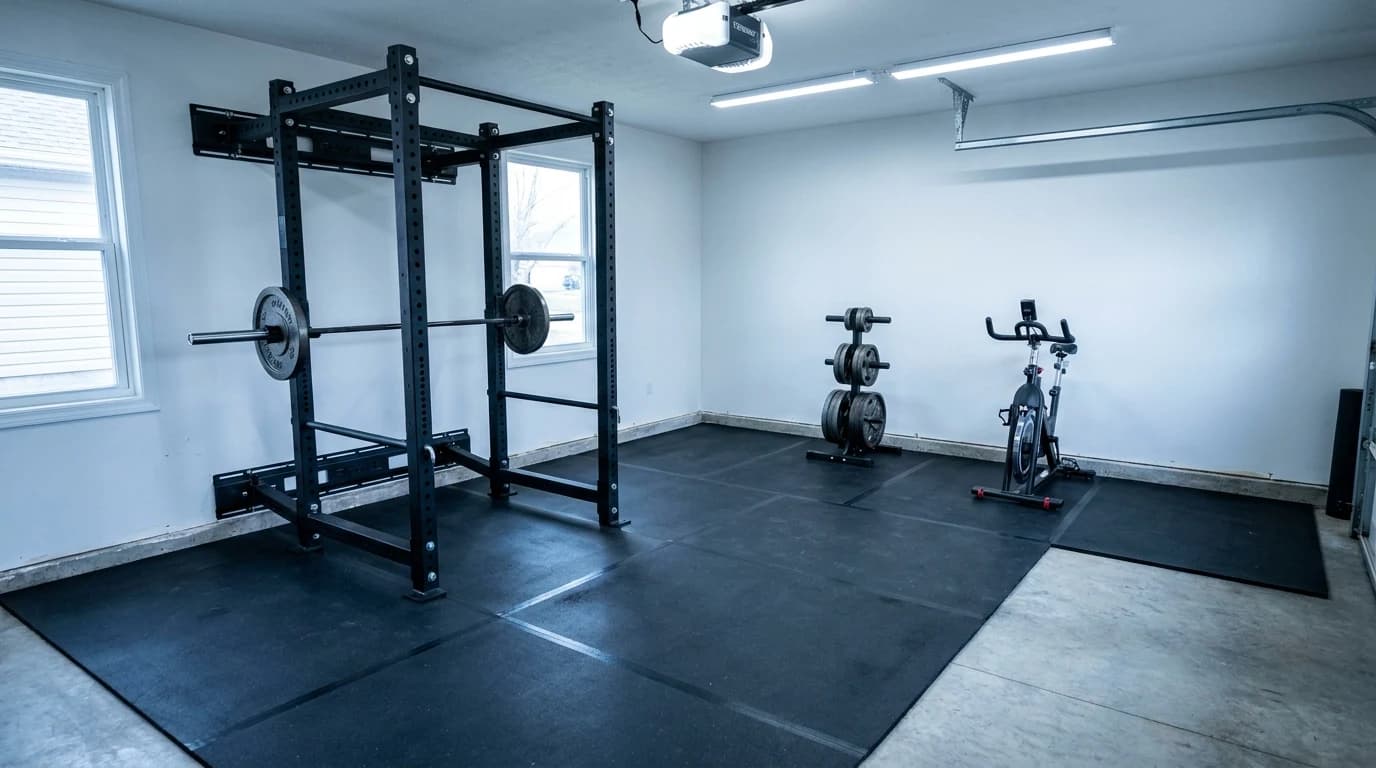 A single-car garage set up for training, with a black steel power rack bolted to the concrete, a loaded barbell on the safeties, rubber stall mats underfoot and an indoor bike against the far wall.