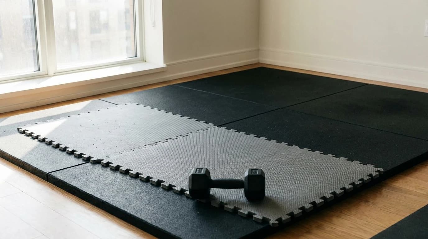 Two layers of gym flooring on an apartment floor — a dense rubber base tile with a softer puzzle mat laid over part of it, a dumbbell resting on top.