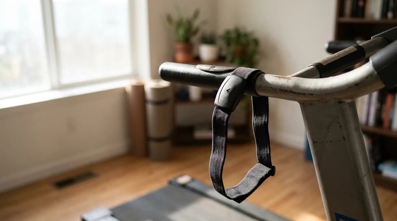 A chest-strap heart rate monitor resting on the console rail of a home treadmill in a converted spare room.