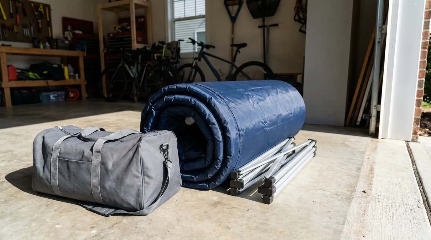 An inflatable cold plunge tub set up on a back patio with bags of ice beside it and a hose running into the water.