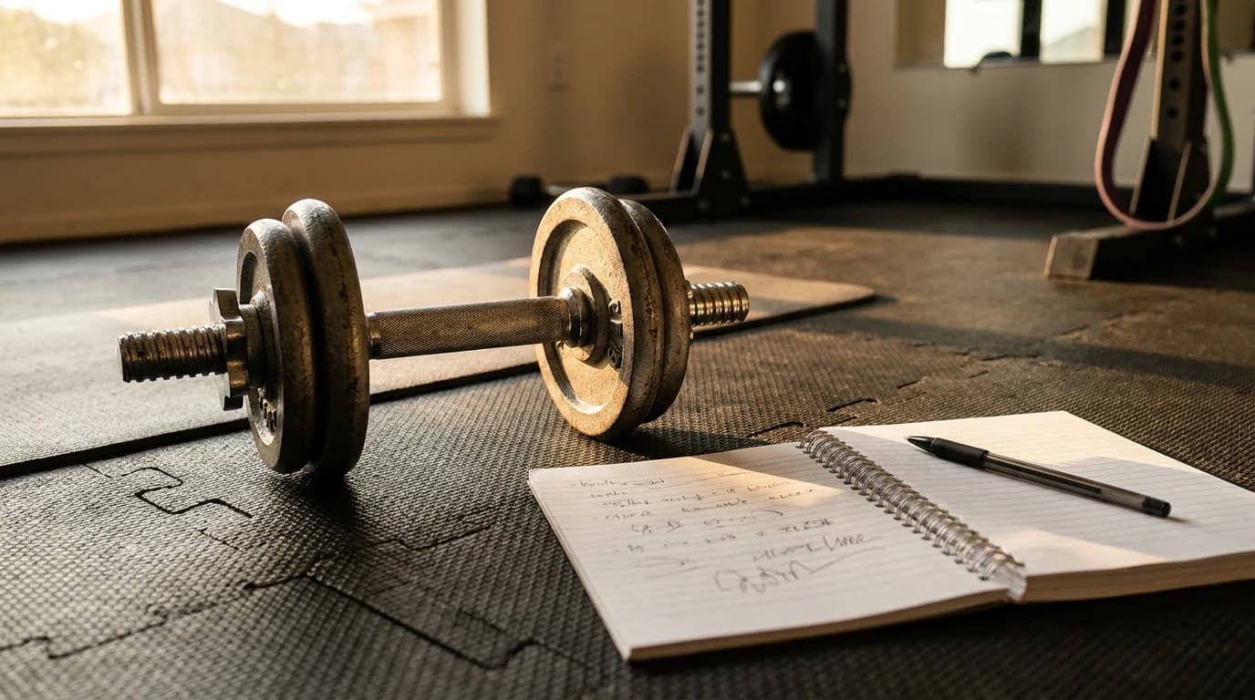 A single adjustable dumbbell on a rubber gym floor with a notebook and pen beside it, mid-set.
