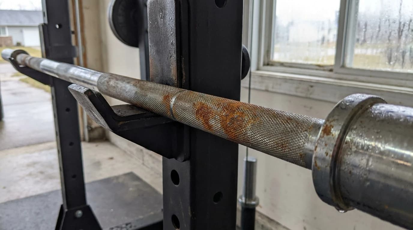 Orange surface rust on the knurling of a bare steel barbell racked in a cold garage gym.