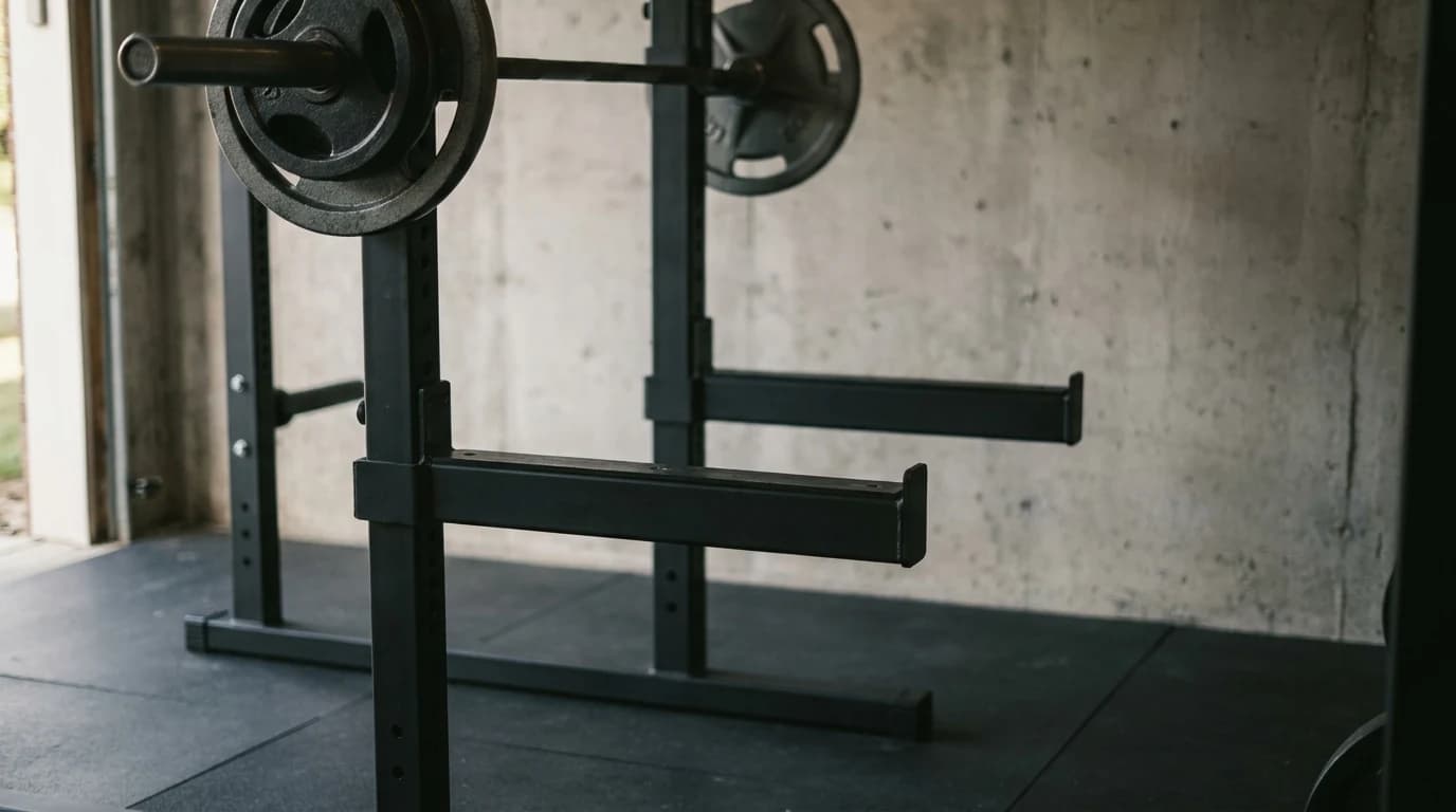 A loaded barbell racked in a matte-black square-tube power rack, with a pair of flat steel spotter arms pinned across the uprights just below it.