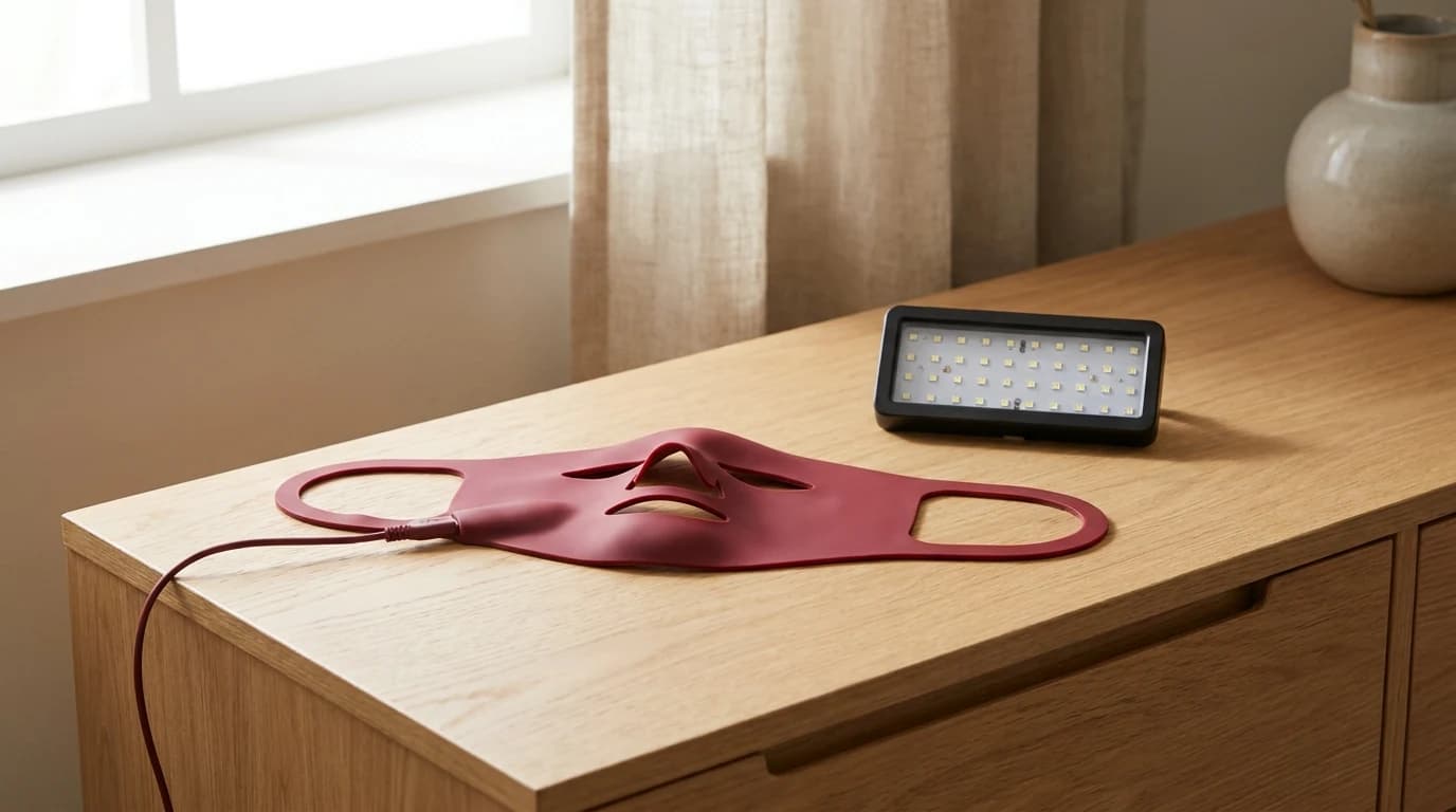 A red light therapy face mask and a larger panel device sitting unpowered on a bedroom dresser.