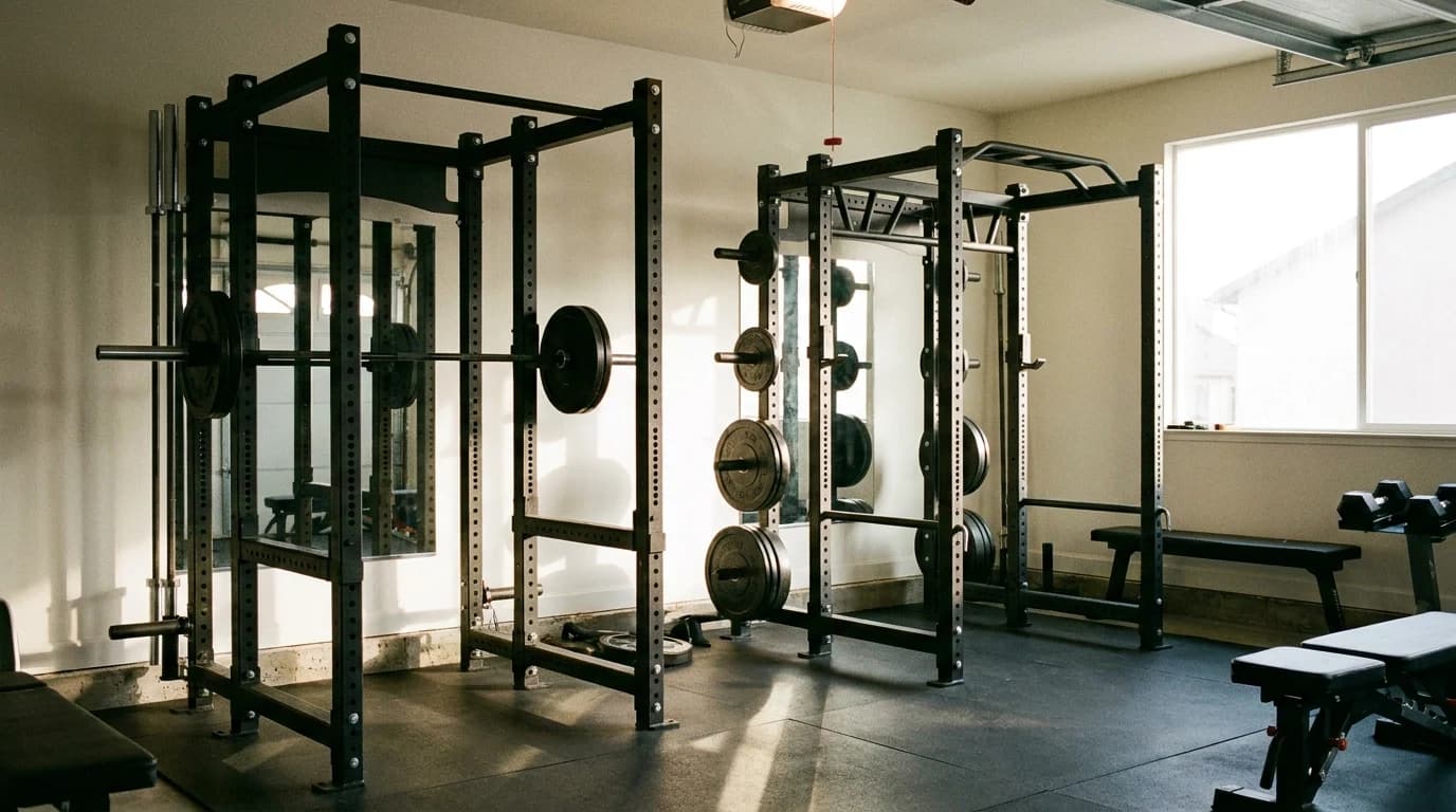 Two black powder-coated steel power racks standing side by side in a bright garage gym, one loaded with a barbell on the J-cups and the other fitted with a pull-up bar and weight-storage pegs.
