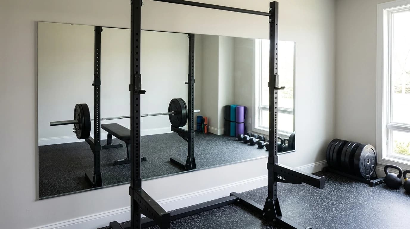A large plain wall mirror mounted behind a squat rack in a home gym, reflecting the lifter's front view.