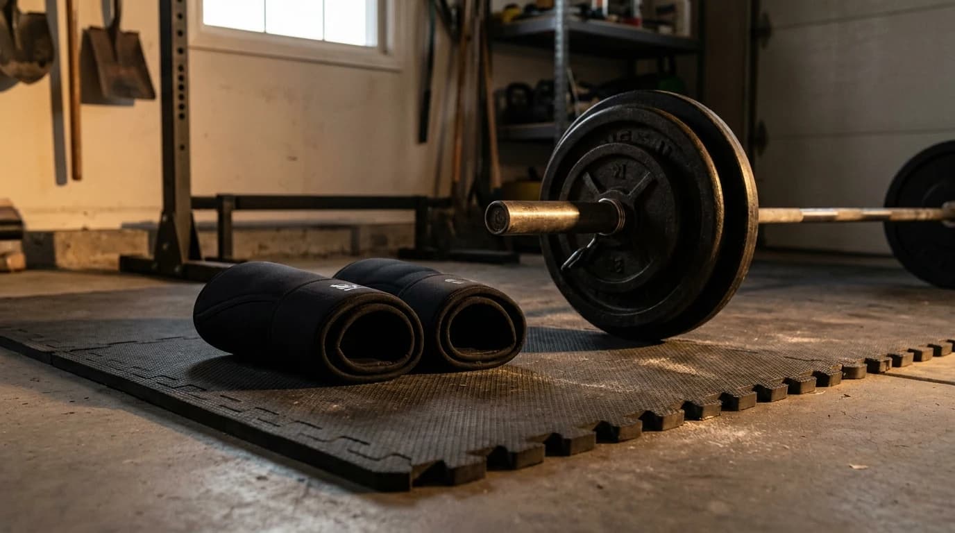 A pair of thick black neoprene knee sleeves rolled up beside a loaded barbell on a home gym floor.