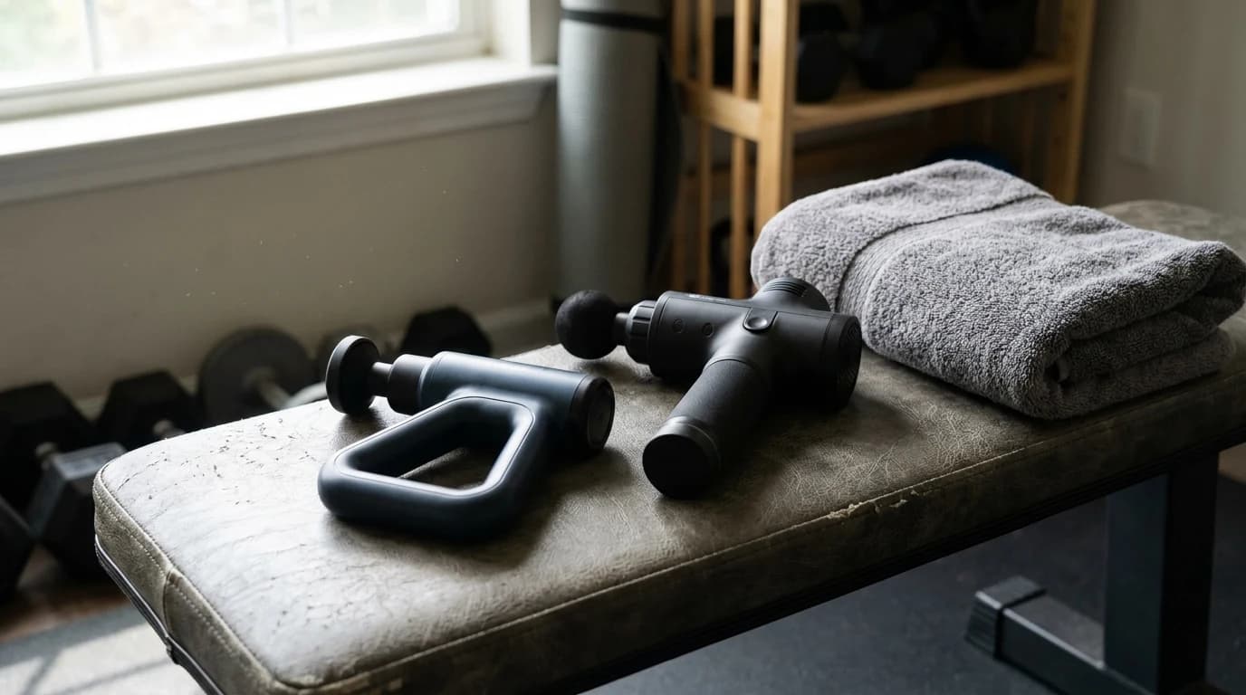 A triangular-handled percussion massage gun and a pistol-grip percussion gun resting on a bench beside a folded towel.