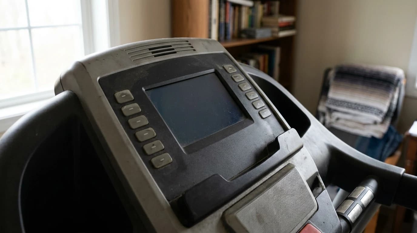 A treadmill console showing physical speed and incline buttons alongside a quick-start key, with no screen content loaded.