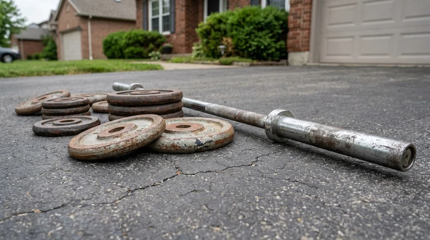 Used cast iron plates and a barbell laid out on a driveway before a private-sale inspection.