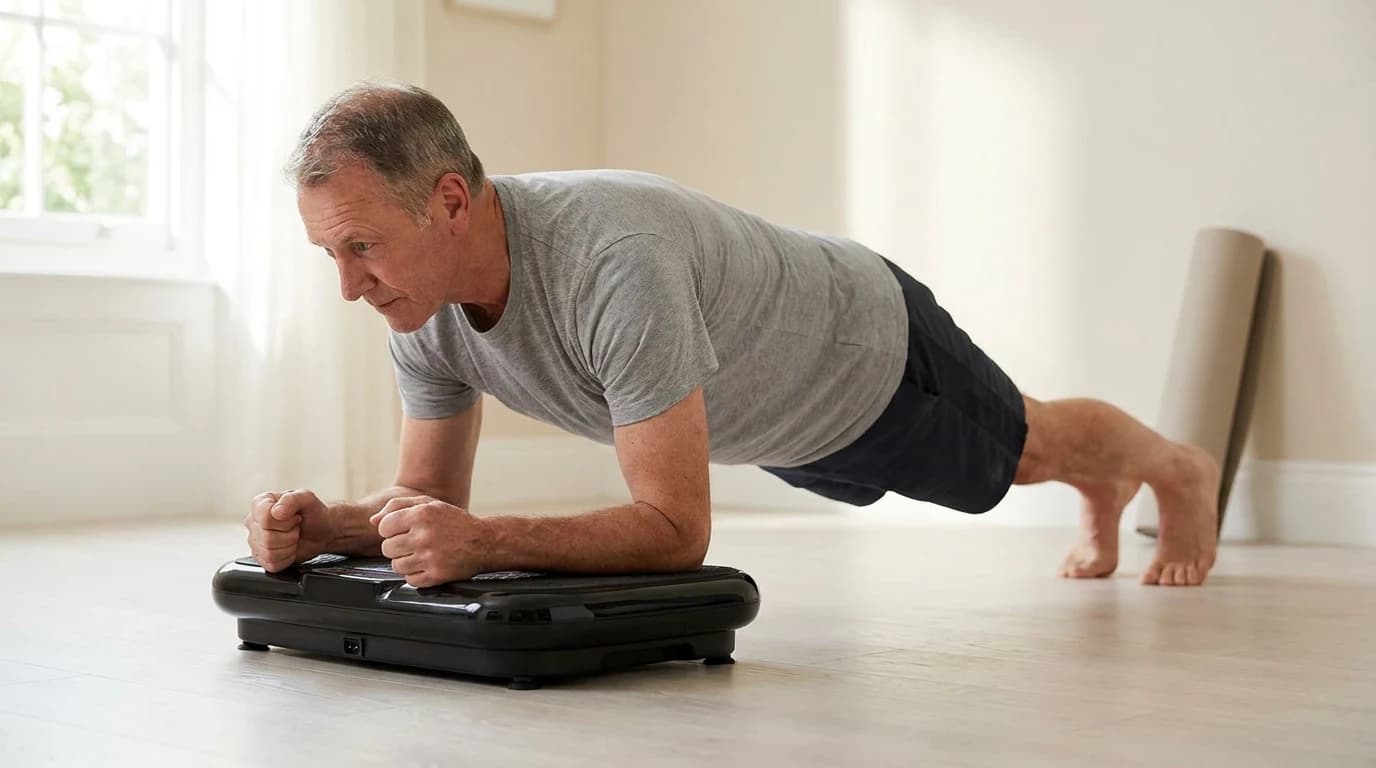 An older adult holding a controlled forearm plank with both forearms resting on a low-profile vibration platform in a bright home room.