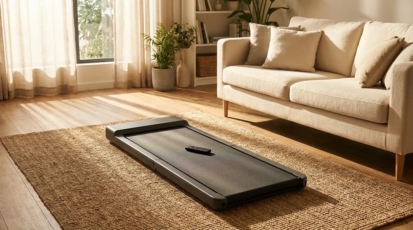 A slim walking pad unfolded on a living room rug beside a sofa, with its remote resting on the belt.