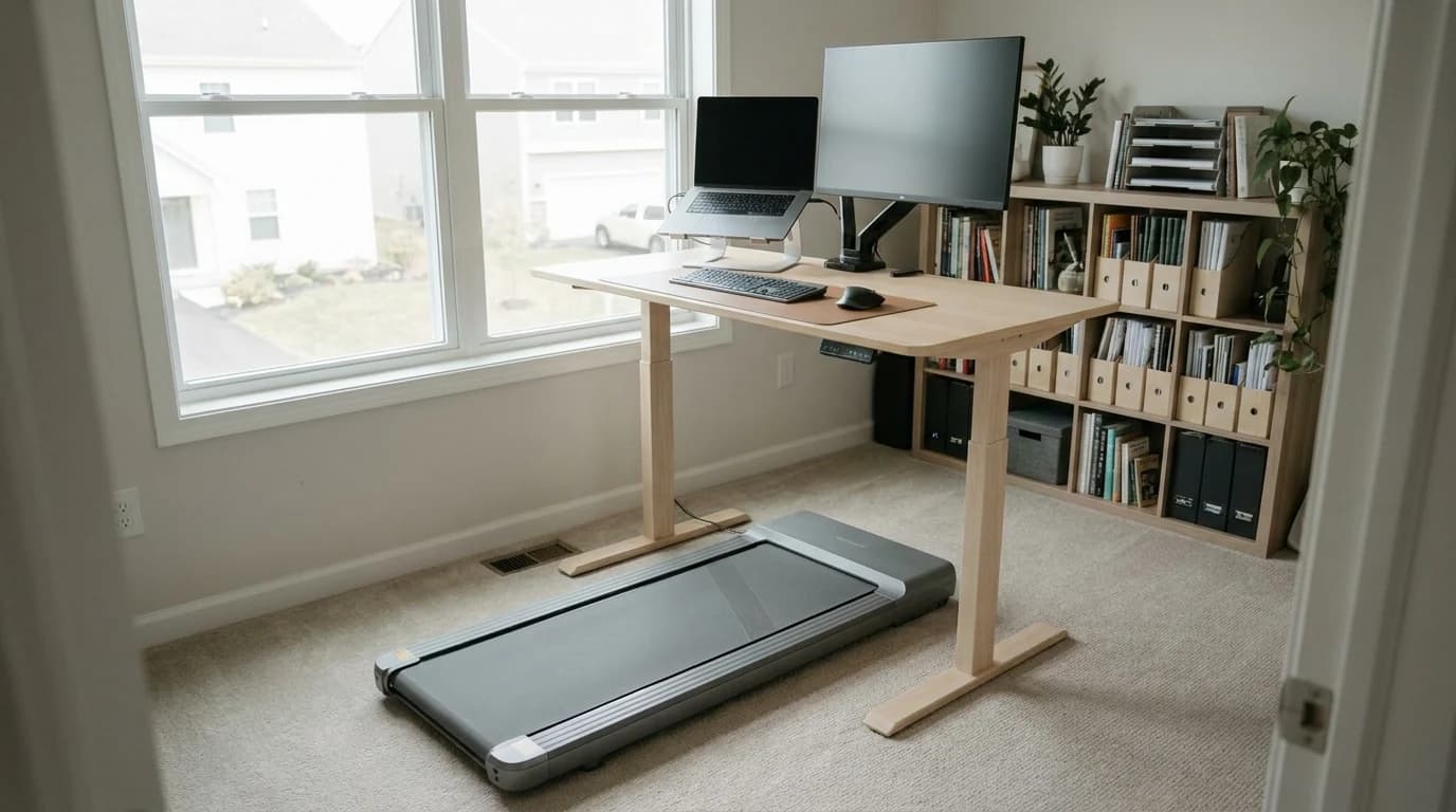 A walking pad tucked under a raised standing desk with a laptop and monitor above it in a home office.