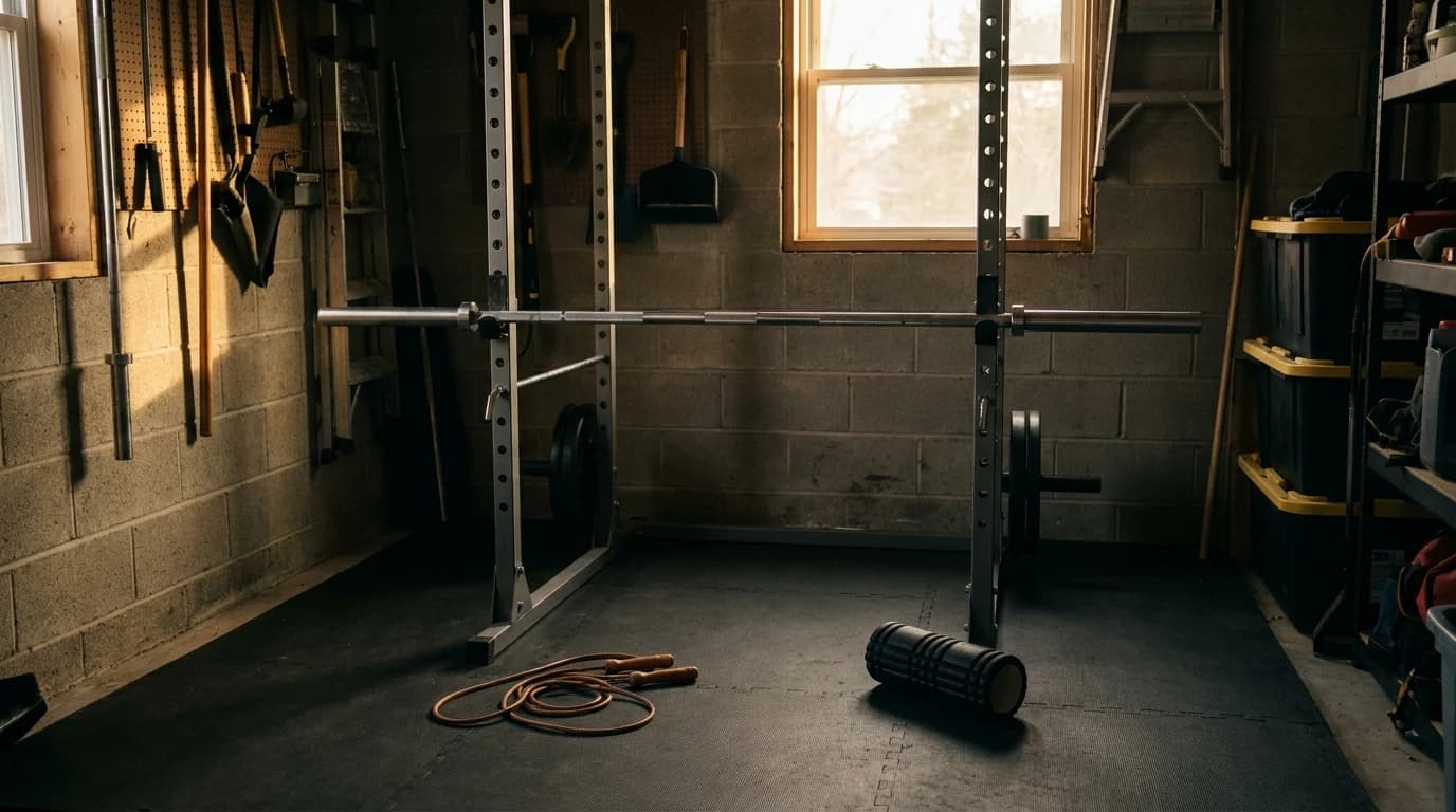 An empty barbell racked at squat height in a home gym with a jump rope and a foam roller on the floor nearby.