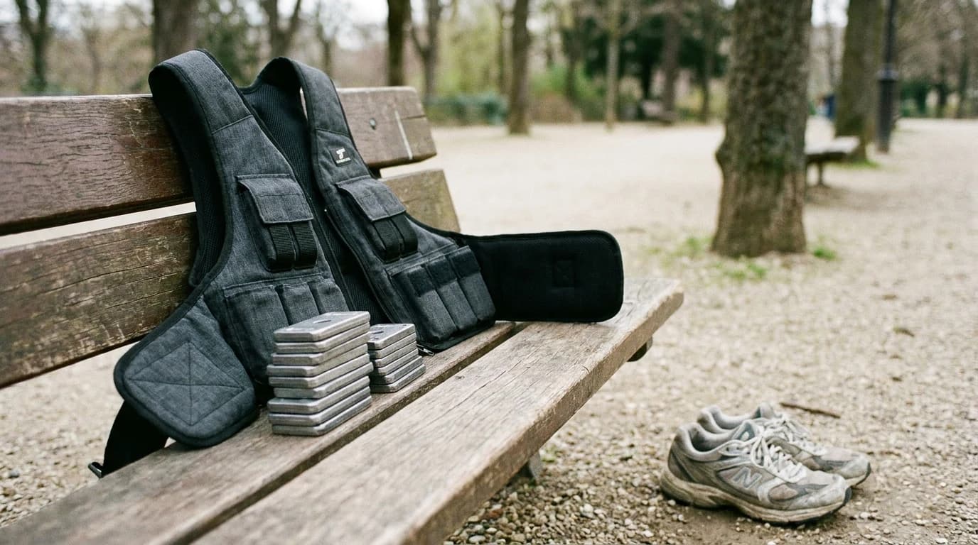 A grey adjustable weighted vest laid open on a bench with its small load plates stacked beside it.
