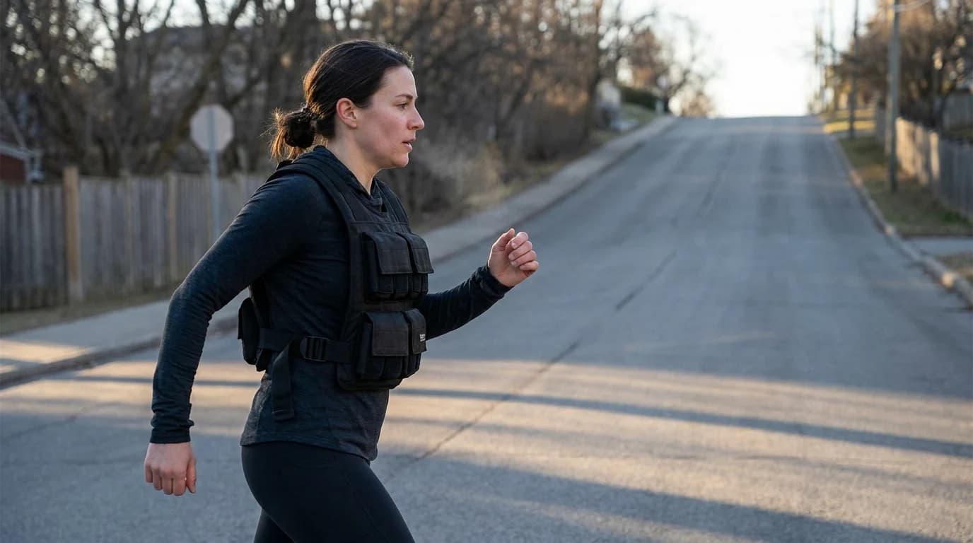 A woman walking briskly up a rising neighbourhood road in cool morning light, wearing a black weighted vest with visible weight pockets over a long-sleeve top.
