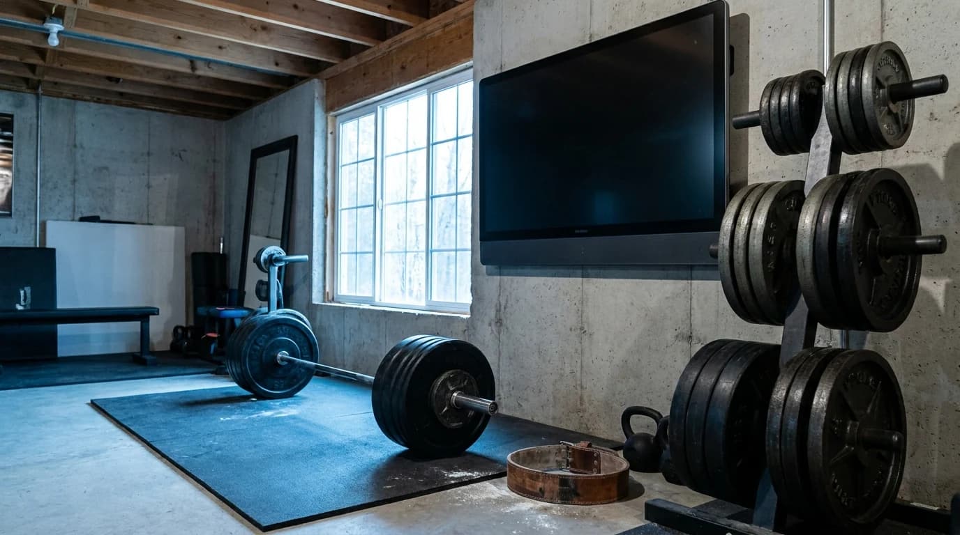 A dark, unpowered wall-mounted fitness screen in a home gym next to a rack of plate-loaded weights.